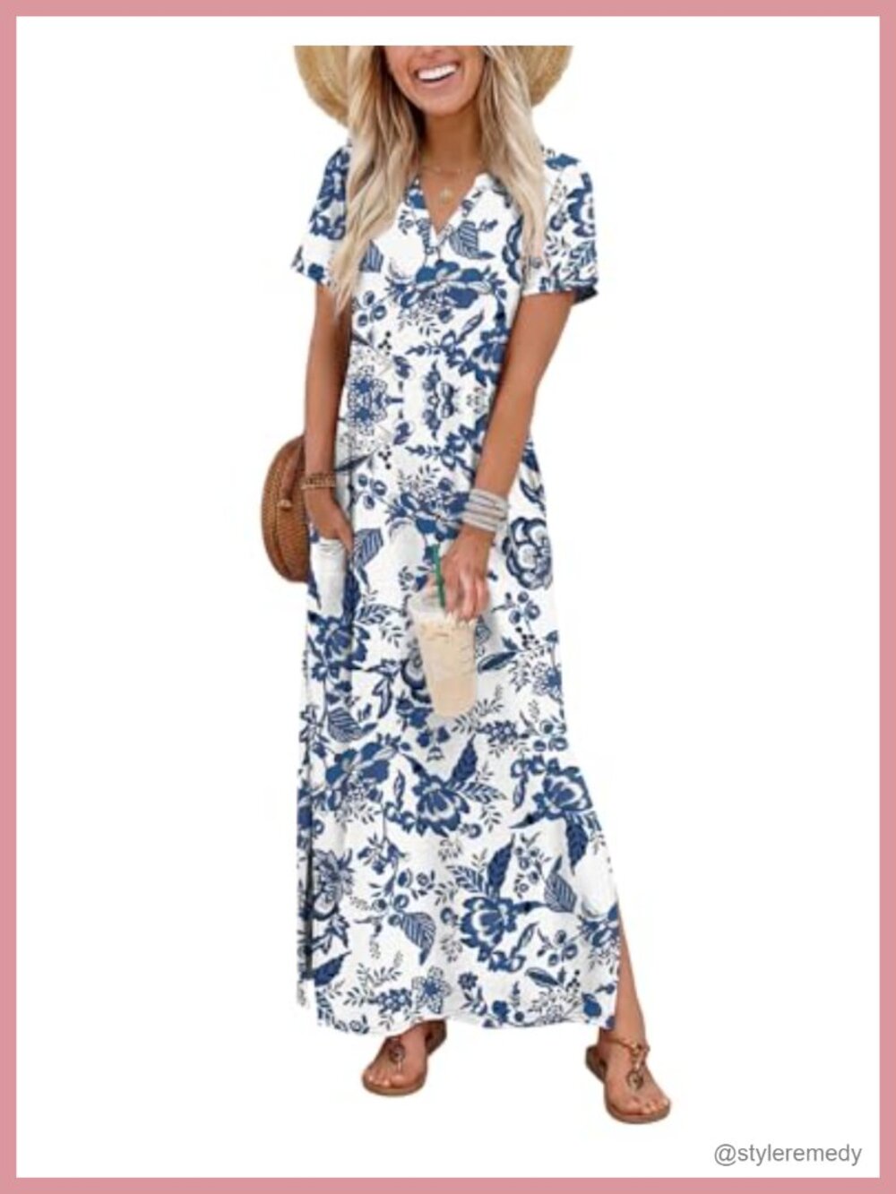 Women's Maxi Dress V-Neck Short Sleeve Sundress with Pockets